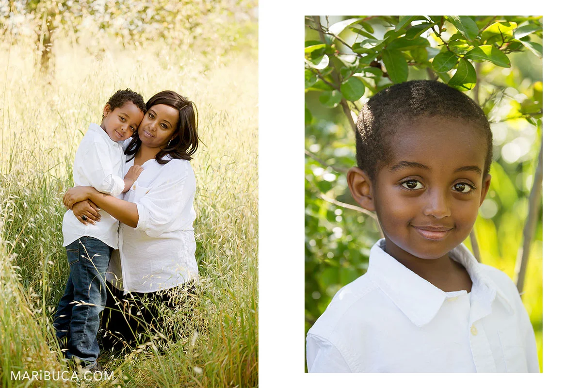Yellow grass during summer time in the Baylands park, Sunnyvale. Mom with son with white shirt and blur jeans and portrait the other son with white shirt.