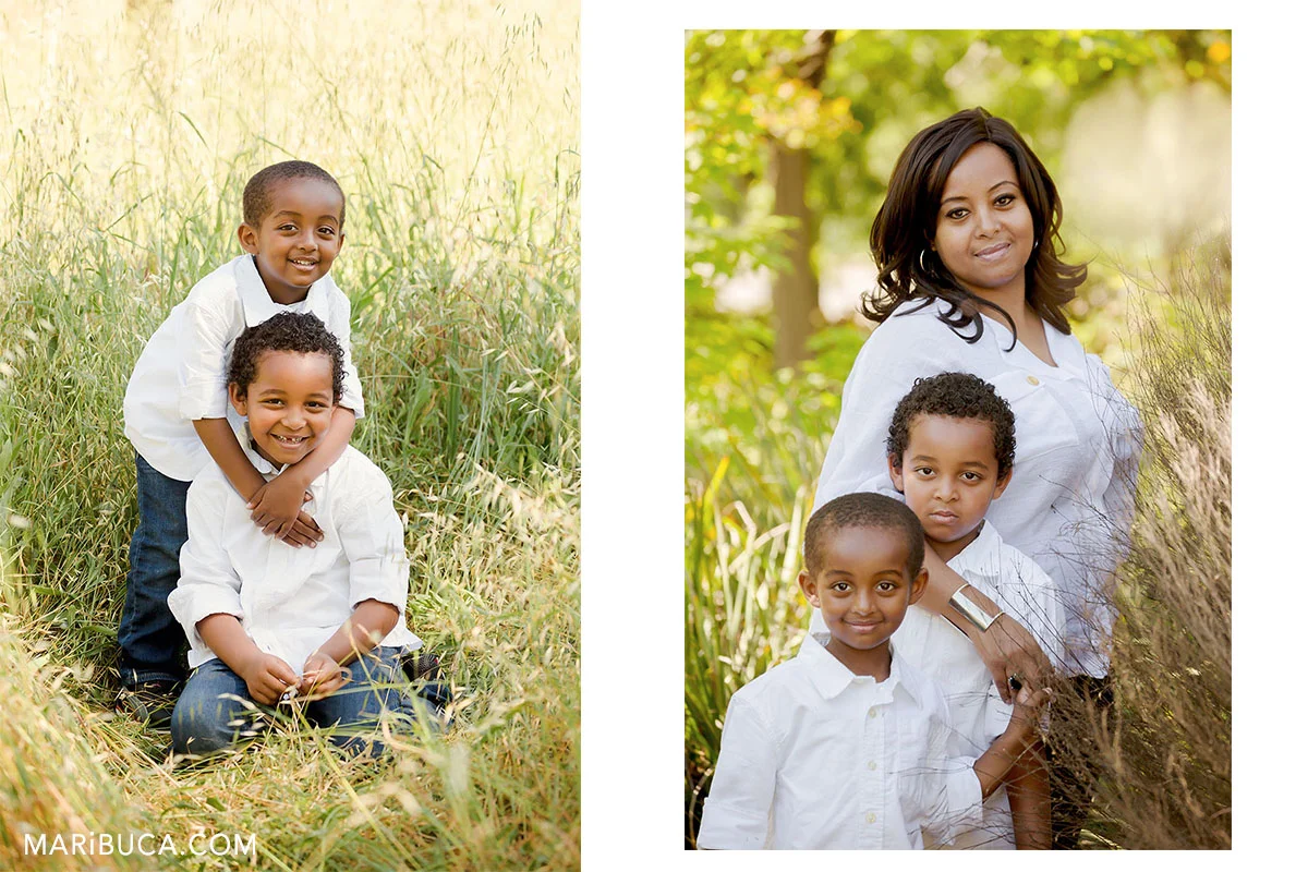 brothers and mother in the Sunnyvale park California with white shirts.