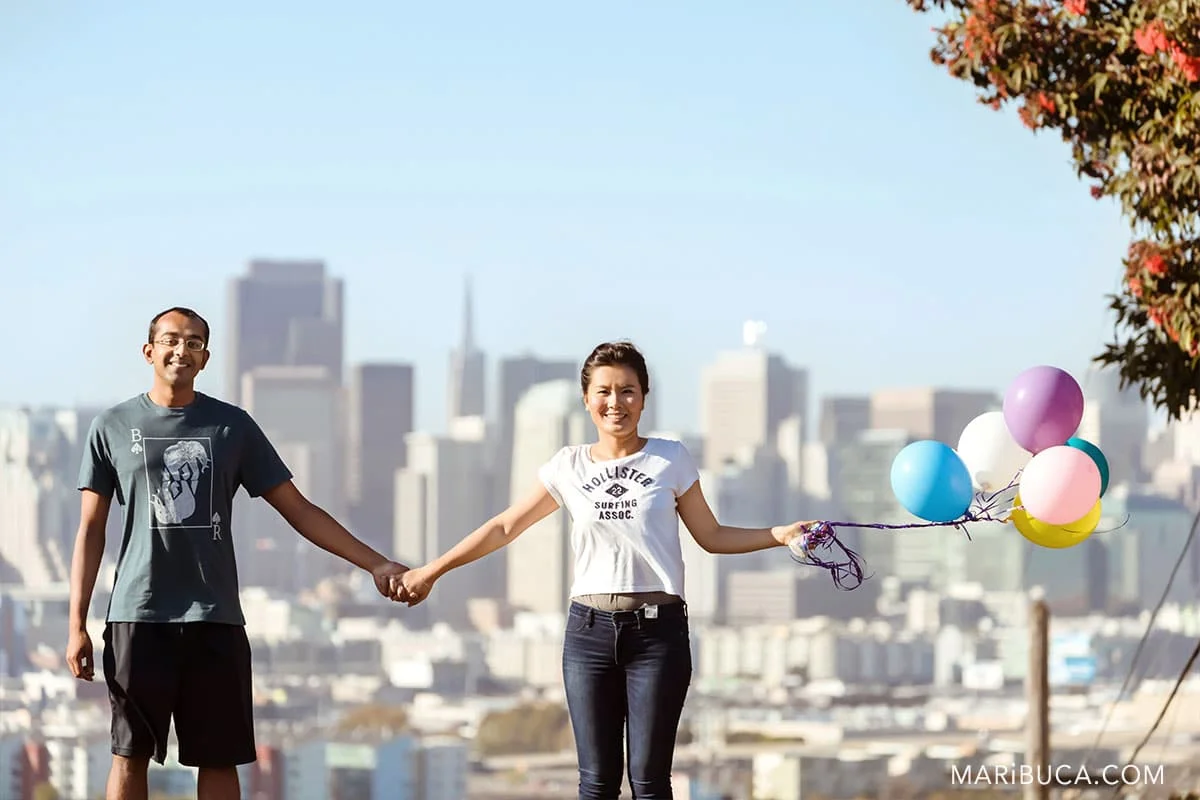 Potrero Hill San Francisco engagement for fiancee and fiance with colorful Balloons
