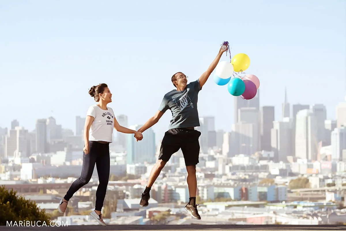 fiancee and fiance fly in the beautiful view in the Potrero Hill