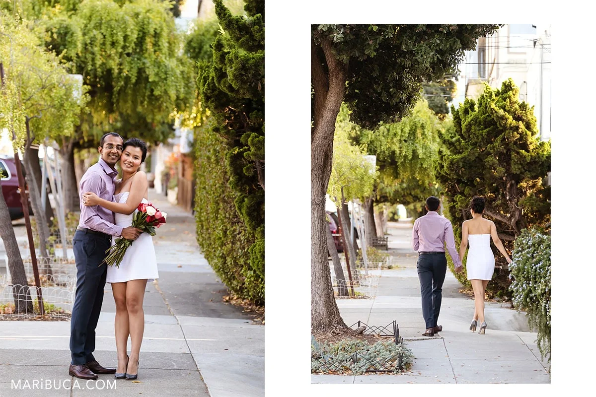The guy and the girl walking in the small beautiful street located in the Potrero Hill
