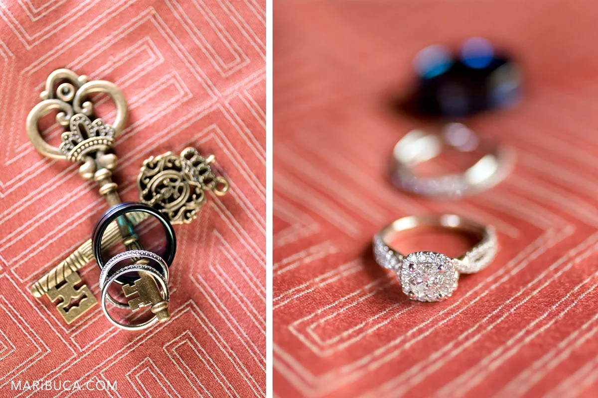 wedding details such as wedding rings and engagement ring in the blush background