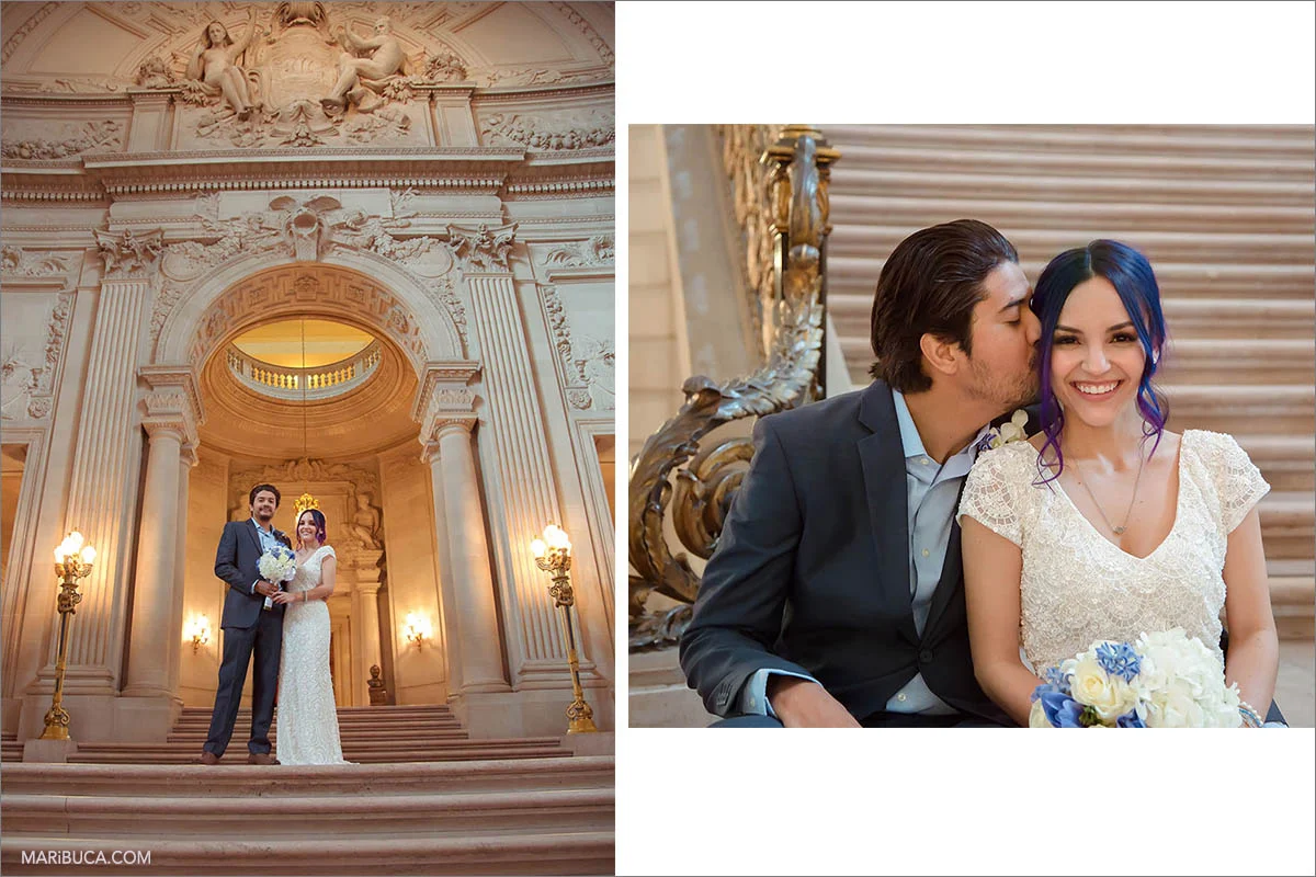 The bride and groom on the background of beautiful architecture in San Francisco City Hall