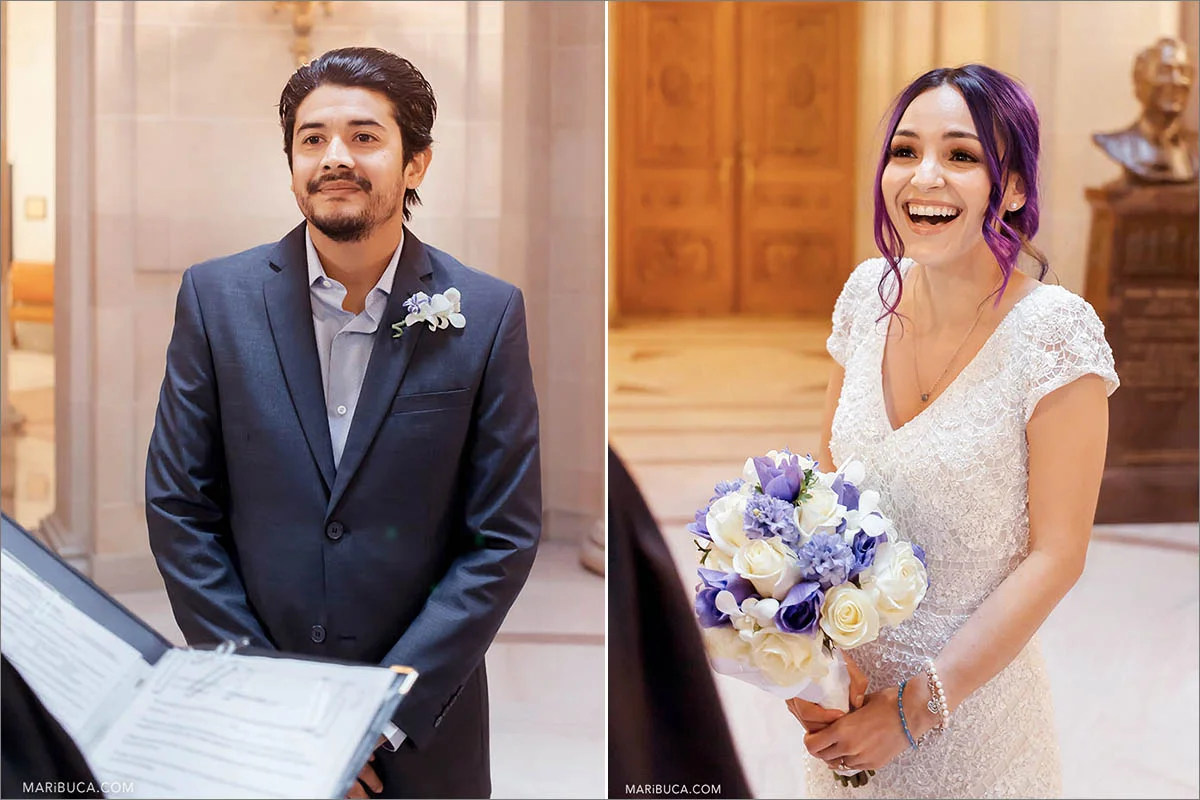 Lovely the bride and the groom standing in front in the officiant and smiling in the second floor, San Francisco City Hall.