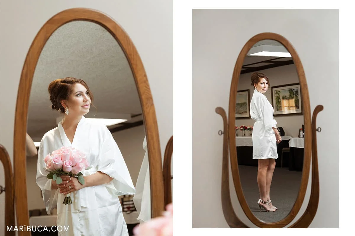 the bride getting ready and look in the mirror in the wente vineyards estate winery.