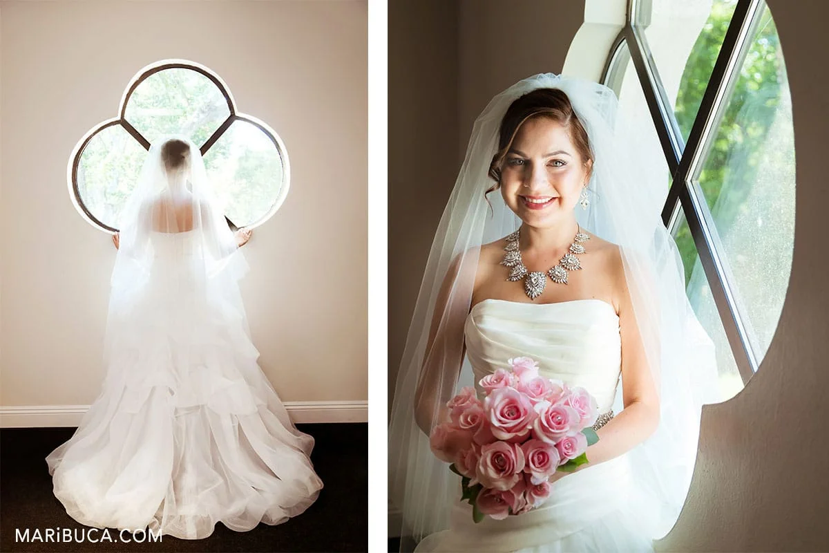 The bride ready to see her handsome future husband. Amazing white wedding dress.