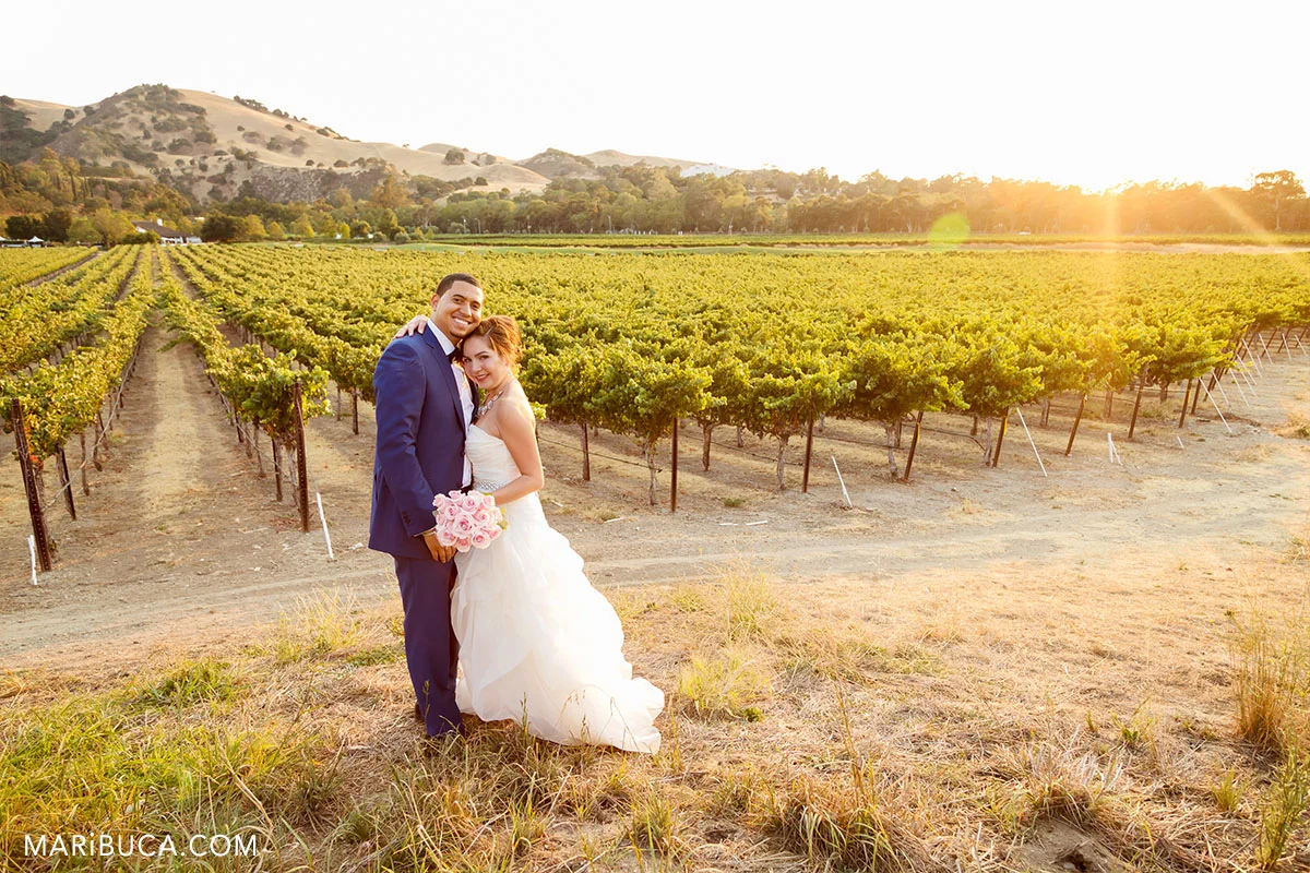 Adorable sunset with just married couple in the Wente Vineyards Wedding.
