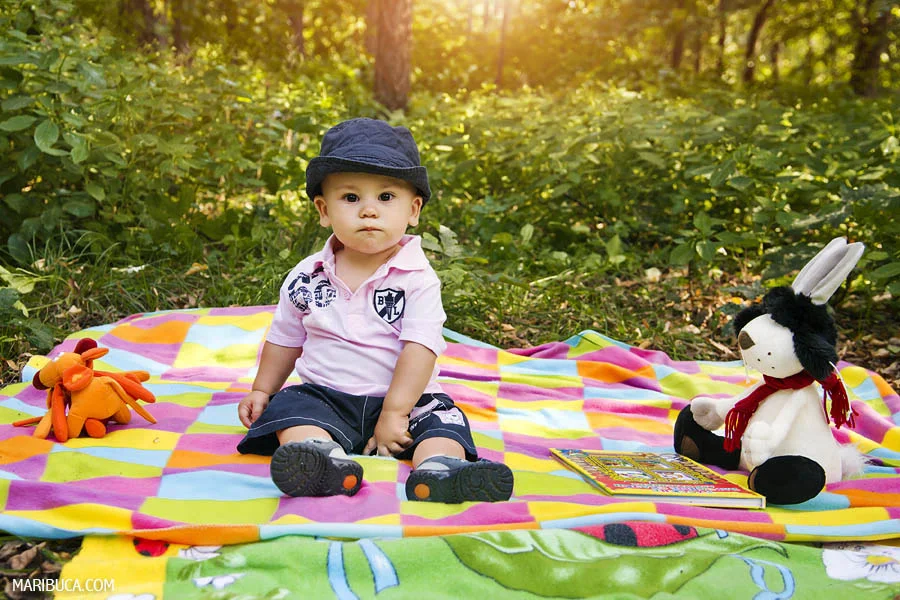 Ten months baby boy sitting in the colorful blanket with his favourite toys: white soft bunny and orange animal in the Vasona Park, Los Gatos.