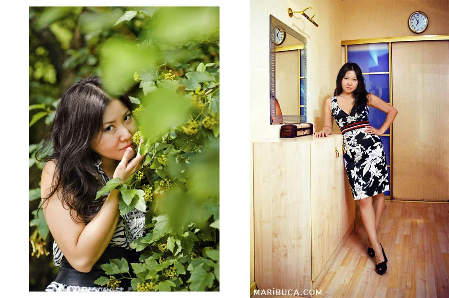 Portrait of a girl sniffing flowers on a bush. A girl in a black and white dress was dressed on a bedside table in an apartment in Santa Cruz.