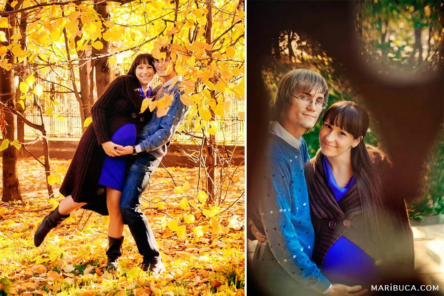 Yellow fall, happy and an amazing couple are expecting the first child.