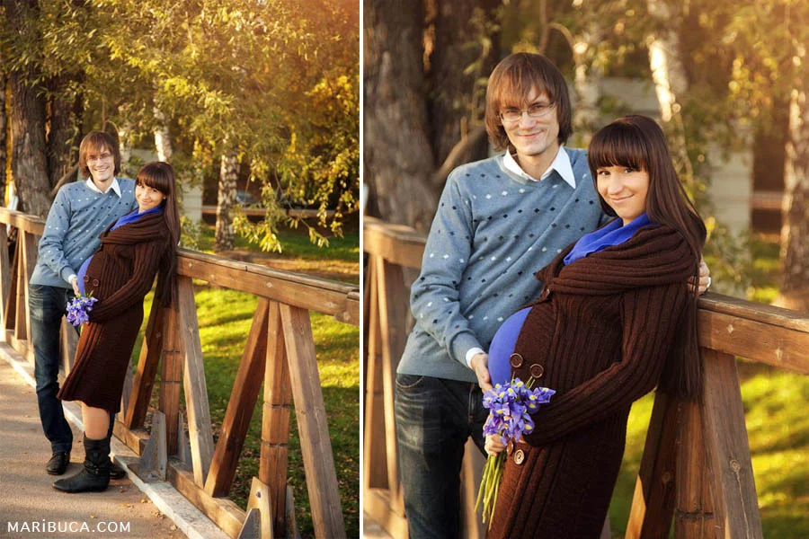 Maternity photo session the couple of expecting baby in the orange rays of sunset in nature in San Francisco