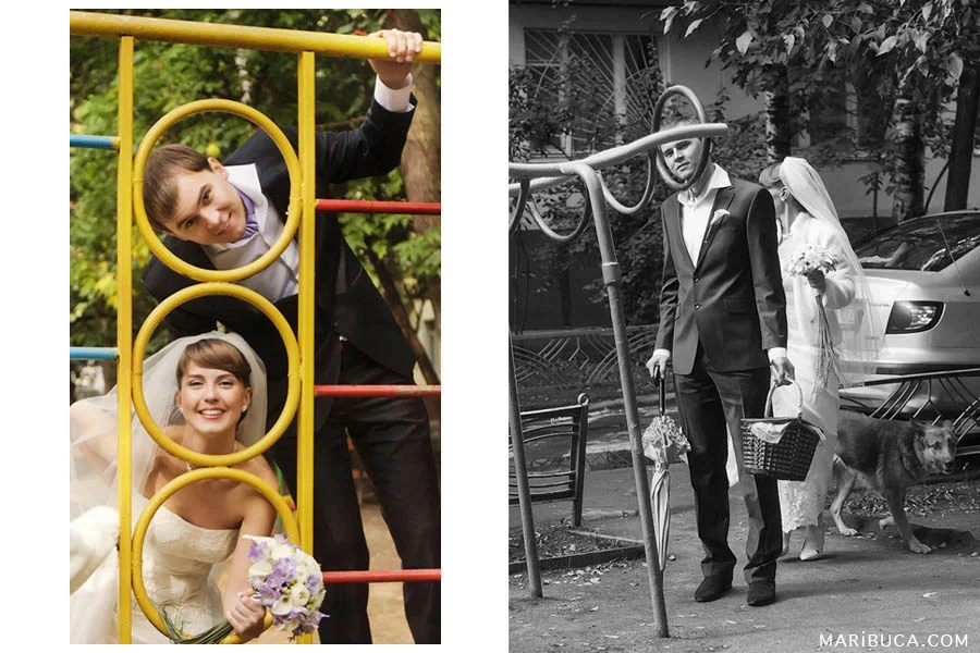 bride and groom walk on the playground in front of the registry office