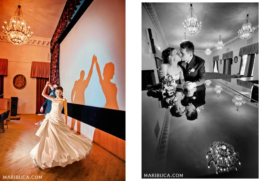 Bride and groom are dancing in a room in orange tones. Newlyweds kiss each other and you can see the reflection from the piano.