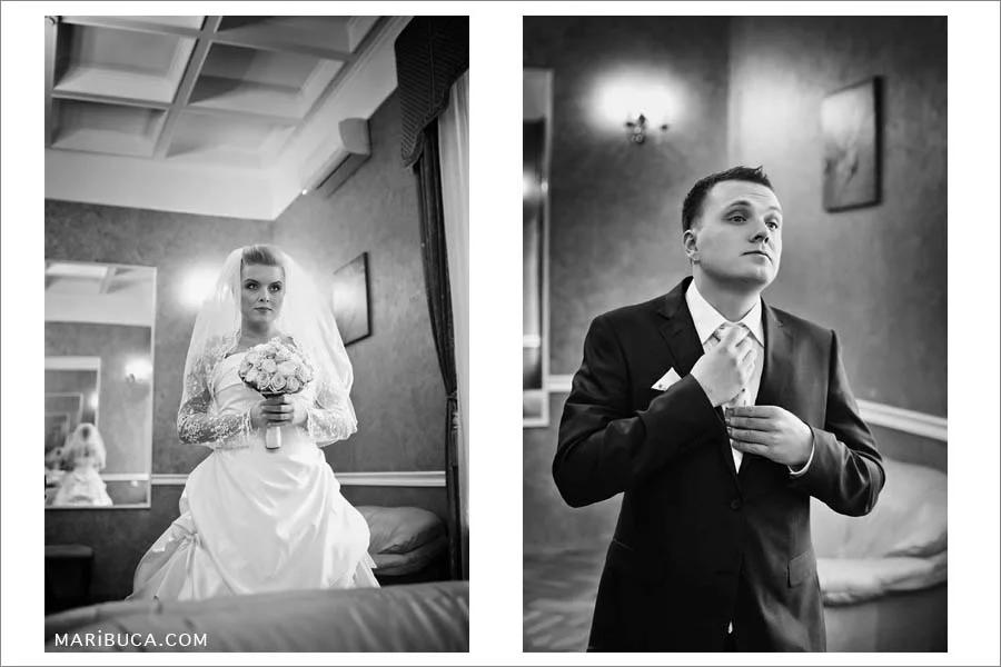 Portrait the bride and the groom look in the mirror and for getting ready to the wedding ceremony in the city hall.