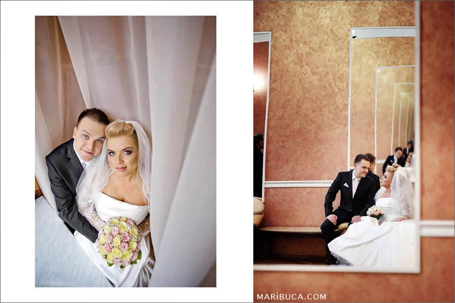 Bride and groom spend time together before the wedding ceremony in the register office.