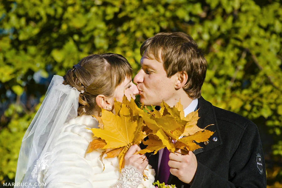 Bride and groom close their kiss by yellow maples on a background of green trees