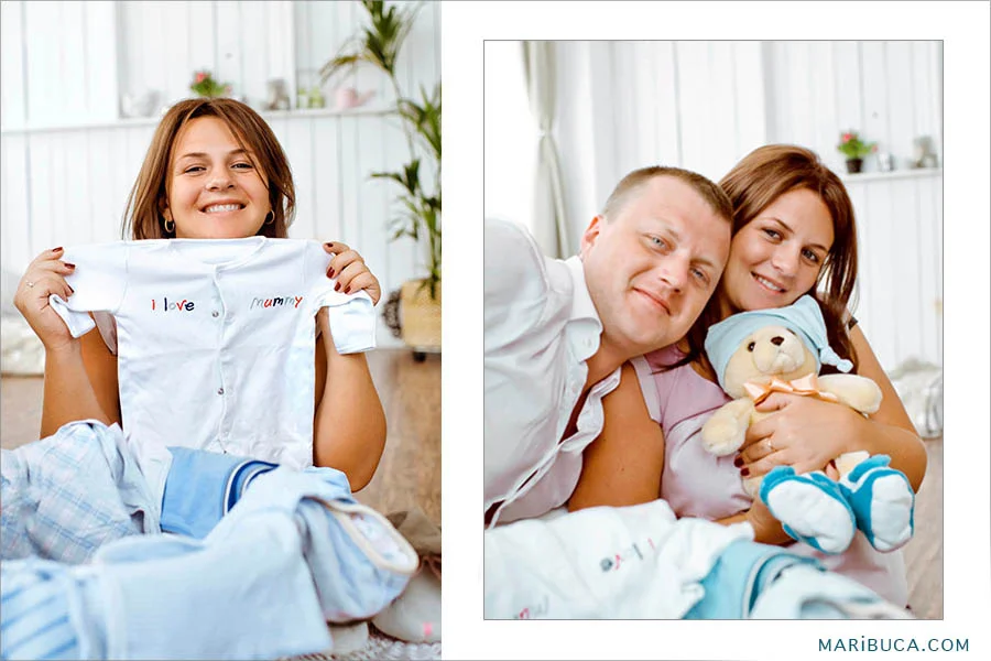 Happy smiling family to show their props for the future baby.