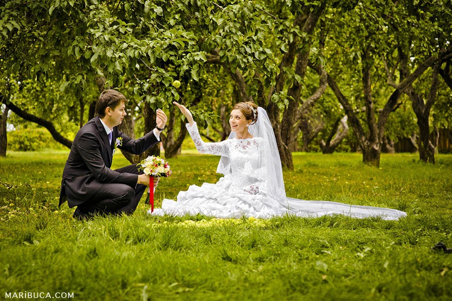 The groom and the bride play with green apple in an apples orchard garden