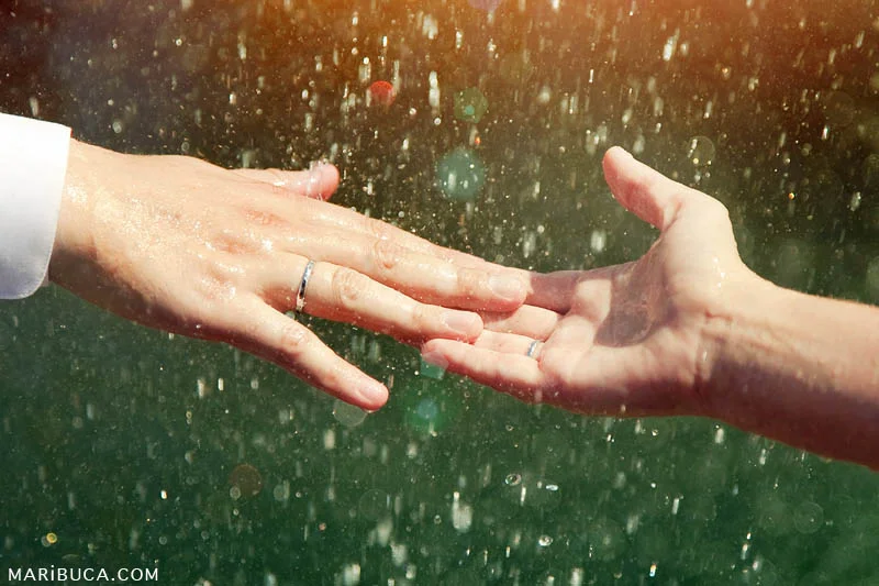 Man and woman hands are touching. Wedding rings and drop water as the green background.