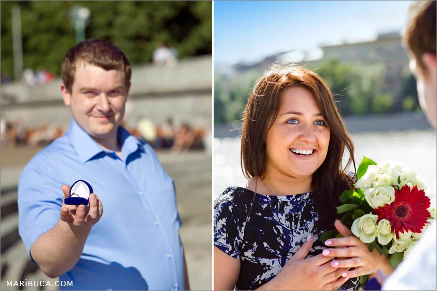 Fiance proposes and holds ring for his the amazing fiancee. The girl said “I do”.