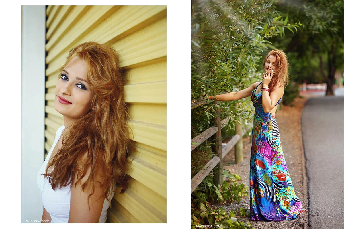 Portrait of the woman with red long hair and white blouse in the yellow background. The girl is standing in the full length with colorful dress, touching her red hair in the green background of the nature.