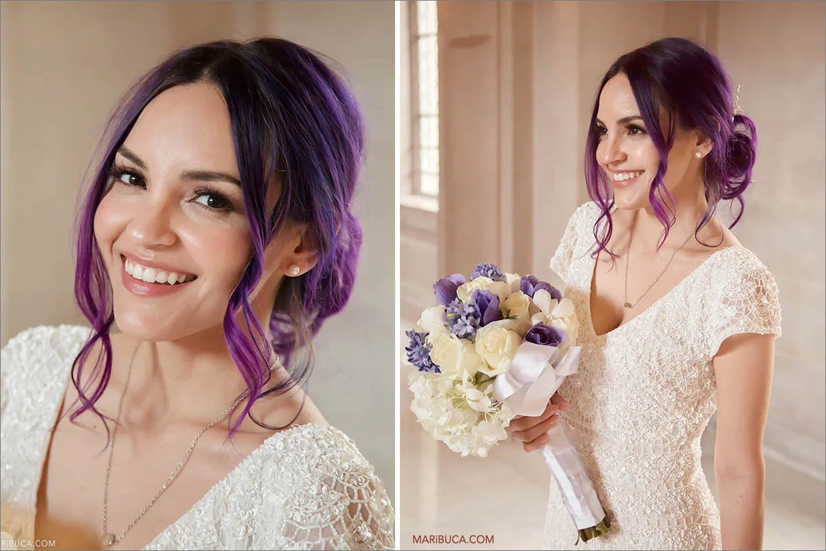 The portrait of the bride with beautiful purple hairs and gorgeous smile.
