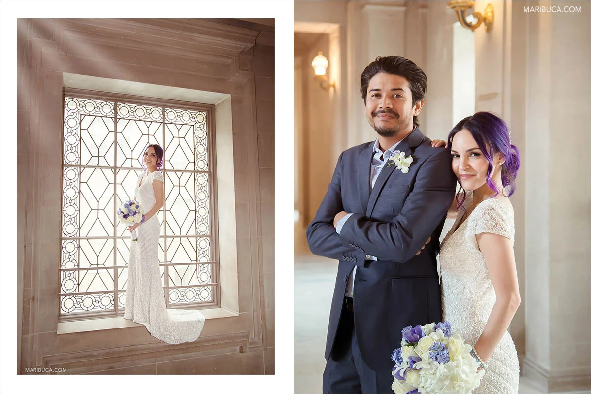 the bride is standing on the windowsill against the background of a huge window in the San Francisco City Hall. The bride and groom are positioningю