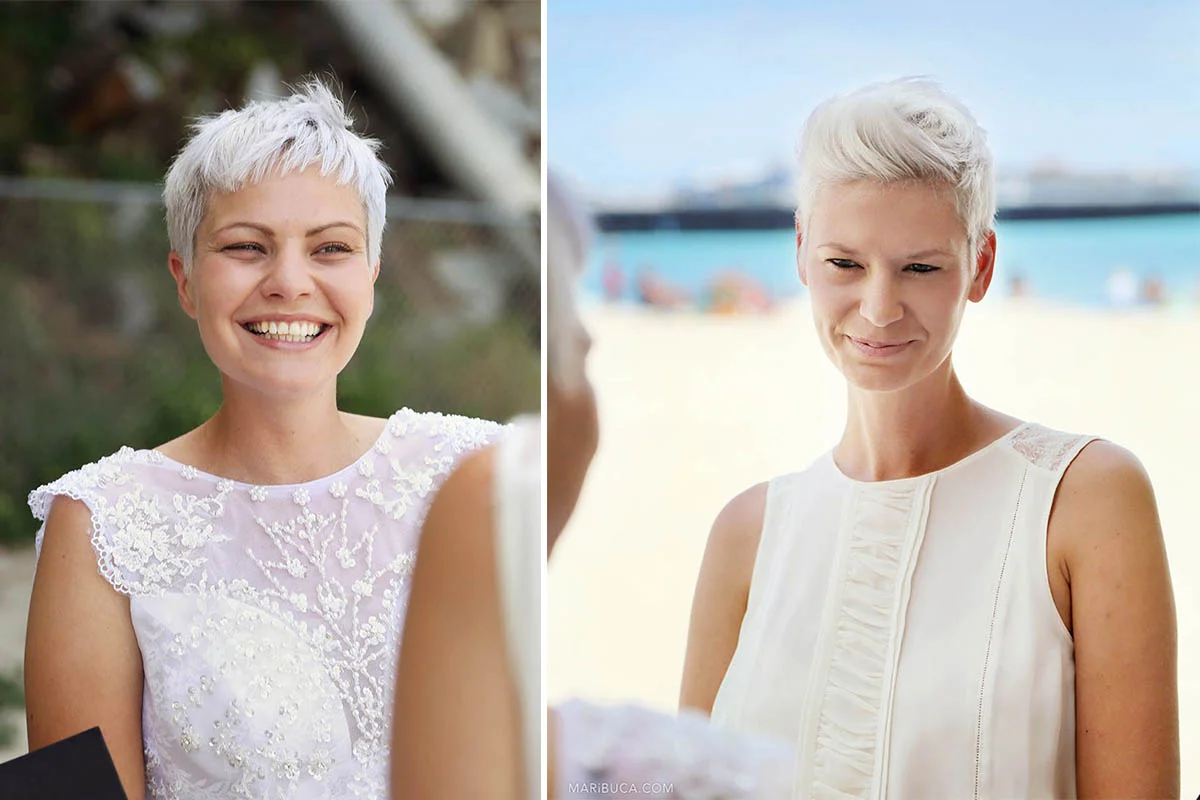 Portrait of two brides during wedding ceremony in the Cowell Beach, Santa Cruz