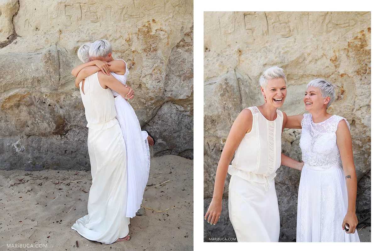 Brides congratulate each other as they are just married as same sex wedding, Cowell Beach, Santa Clara