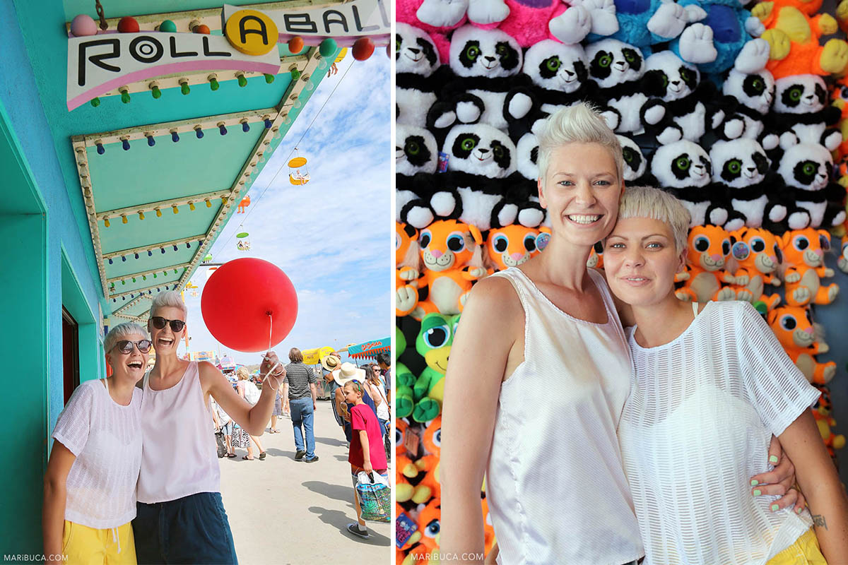 Colorful background in the Boardwalk with two amazing girls in their the elopement wedding.