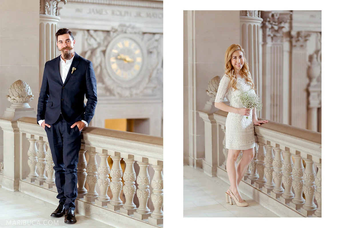 Groom has elegant dark blue suit and the bride has adorable white dress. They stand at 3rd floor in the SF City Hall