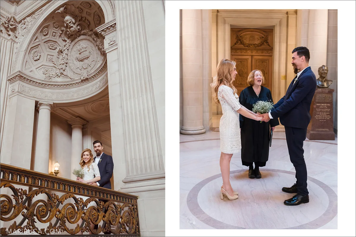 Envelopment wedding ceremony in san francisco city hall. The officiant, the bride and groom smile during ceremony on the second floor in the sf city hall.