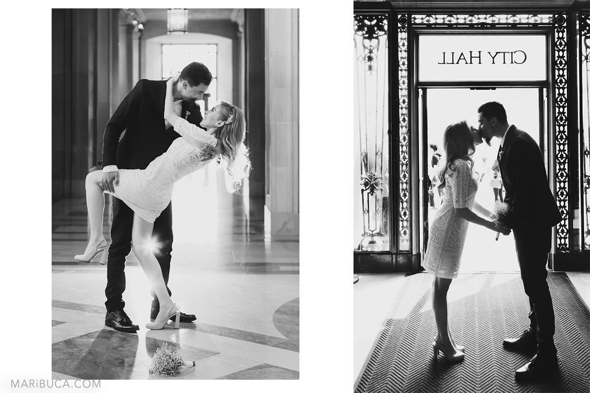 First dance for newlyweds couple in the San Francisco City Hall. Bride and groom are kissing each other and the sign in the back “City Hall”