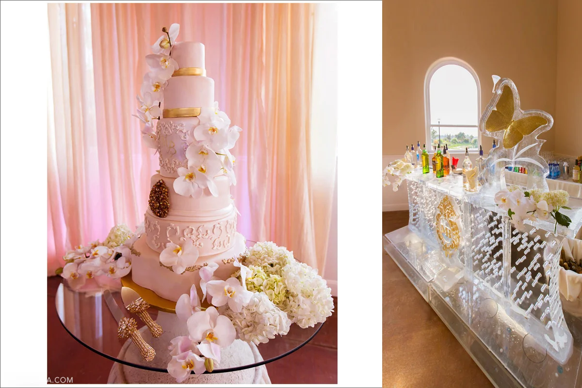 Four levels of huge wedding cake with white flowers and adorable ice bar with golden butterfly as decoration.