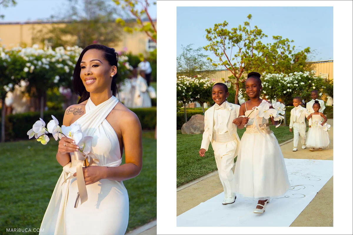 Bridesmaid, flower girl and Barrier Rings in the white dresses go down the aisle in the Newberry Estate Vineyards