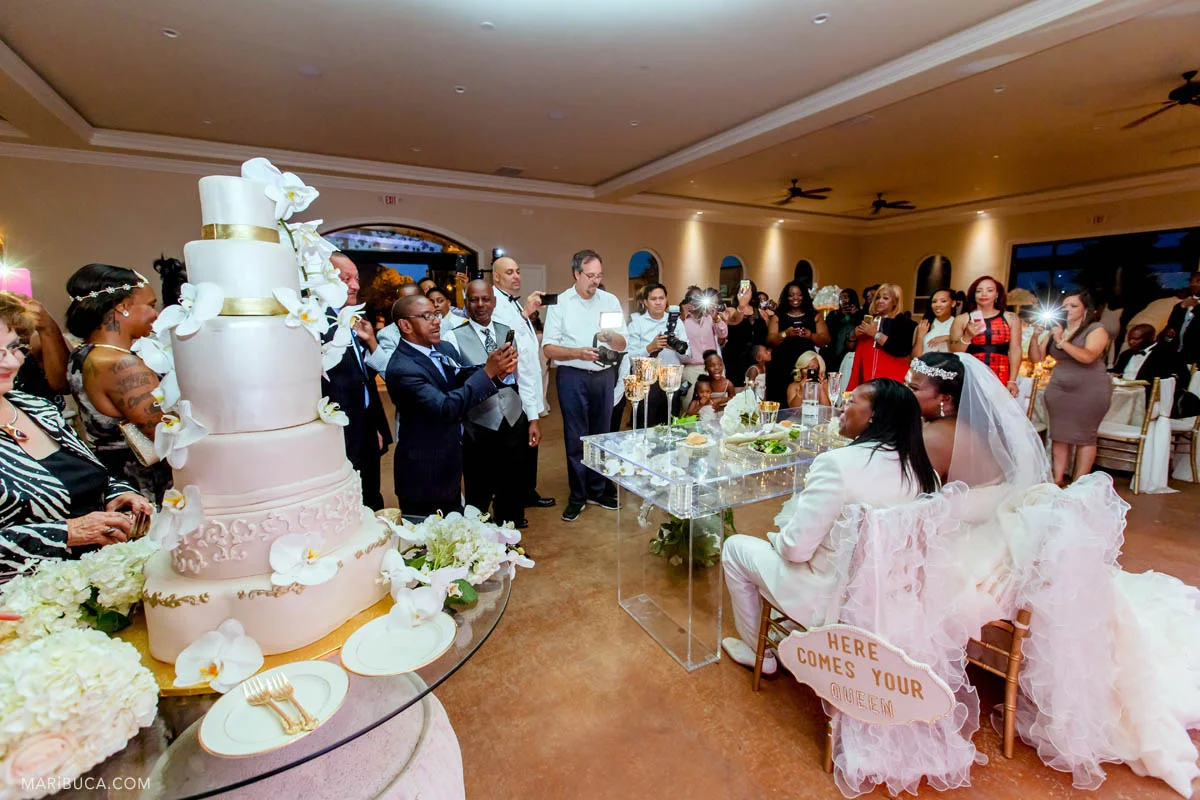 During the reception the guests are looking at the adorable newlyweds couple who sit down in the newlyweds table and huge 4 levels light pink wedding cake stands next to the bride and groom..