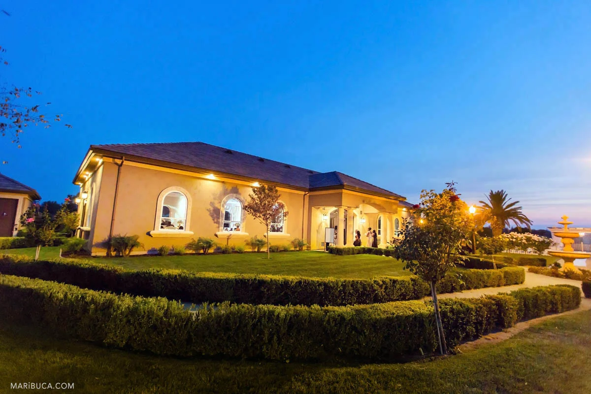 Newberry Estate Vineyards venue during the evening with blue sky.