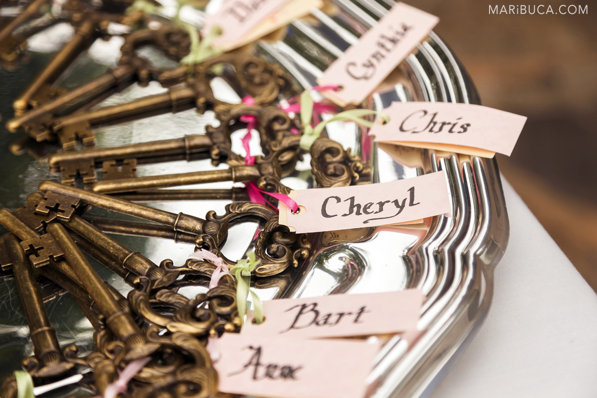Wedding gifts for guests such as hand-crafted personal keys with names.