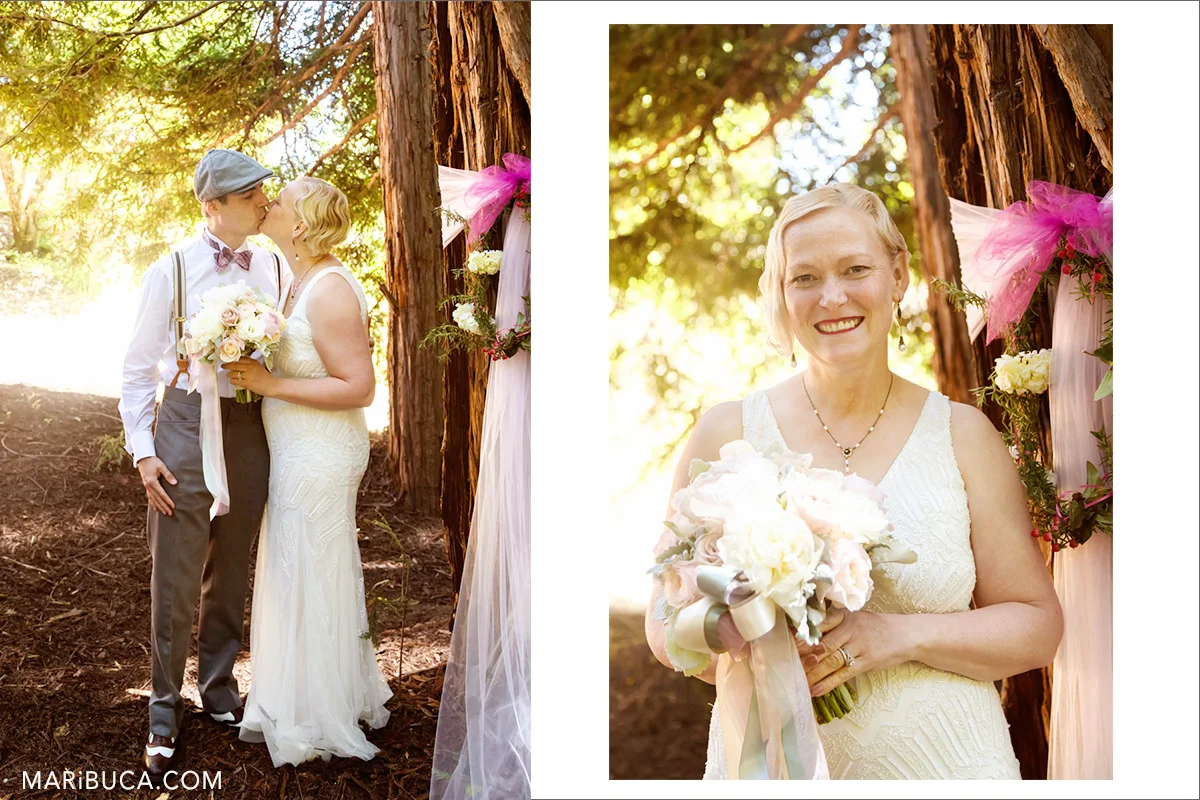Newlyweds are hiding and kissing each other in the sunny day in the wood, Saratoga. The bride's portrait with big happy smile.