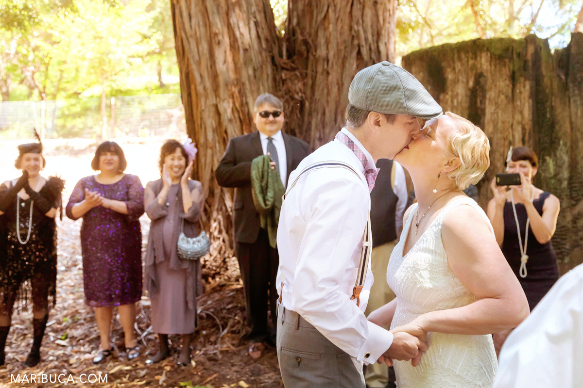 First kiss as married couple, guest excited and clap hands in the wedding ceremony, Saratoga Springs
