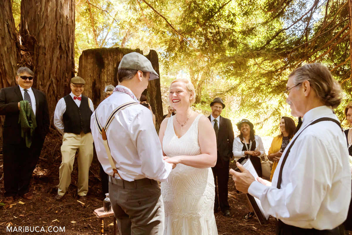 Sunny day in the pine forest during wedding ceremony in the California, Saratoga Springs.