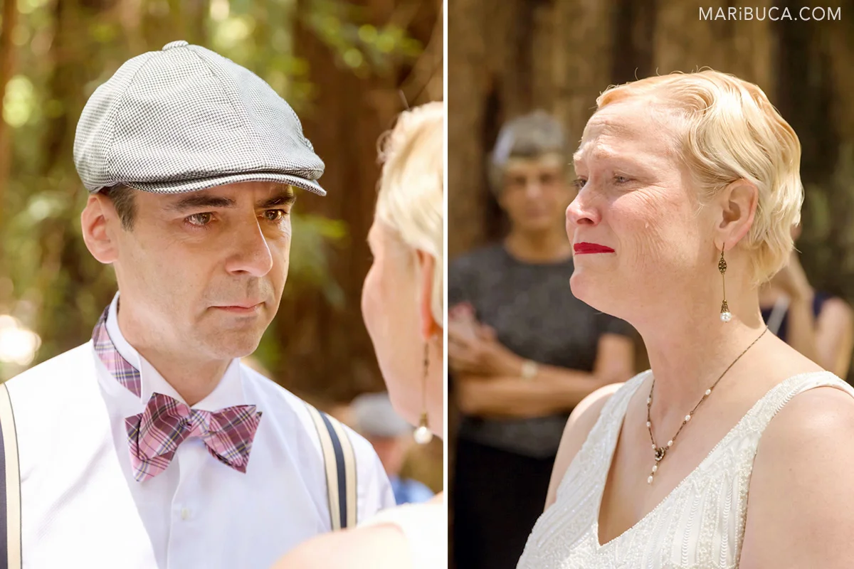 The bride and the groom are looking each other and have tears in their eyes, checks and they are so happy. Just married!.