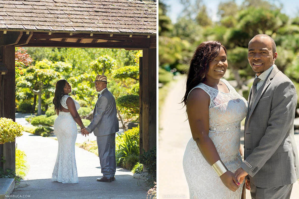 The groom and bride stand in the enter to Hayward Japanese Garden.