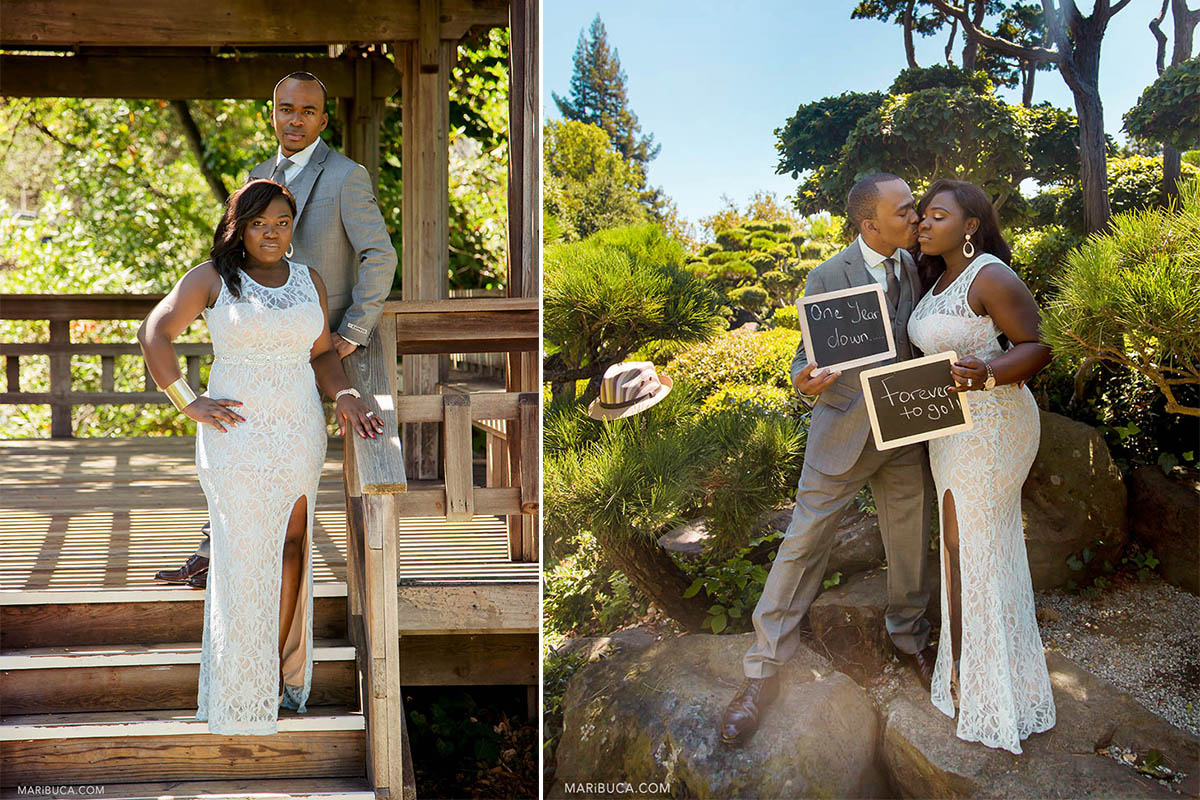Bride and groom hold 2 chalk board with signs "forever to go" and "one year down in the Hayward Japanese Garden during the summer time.