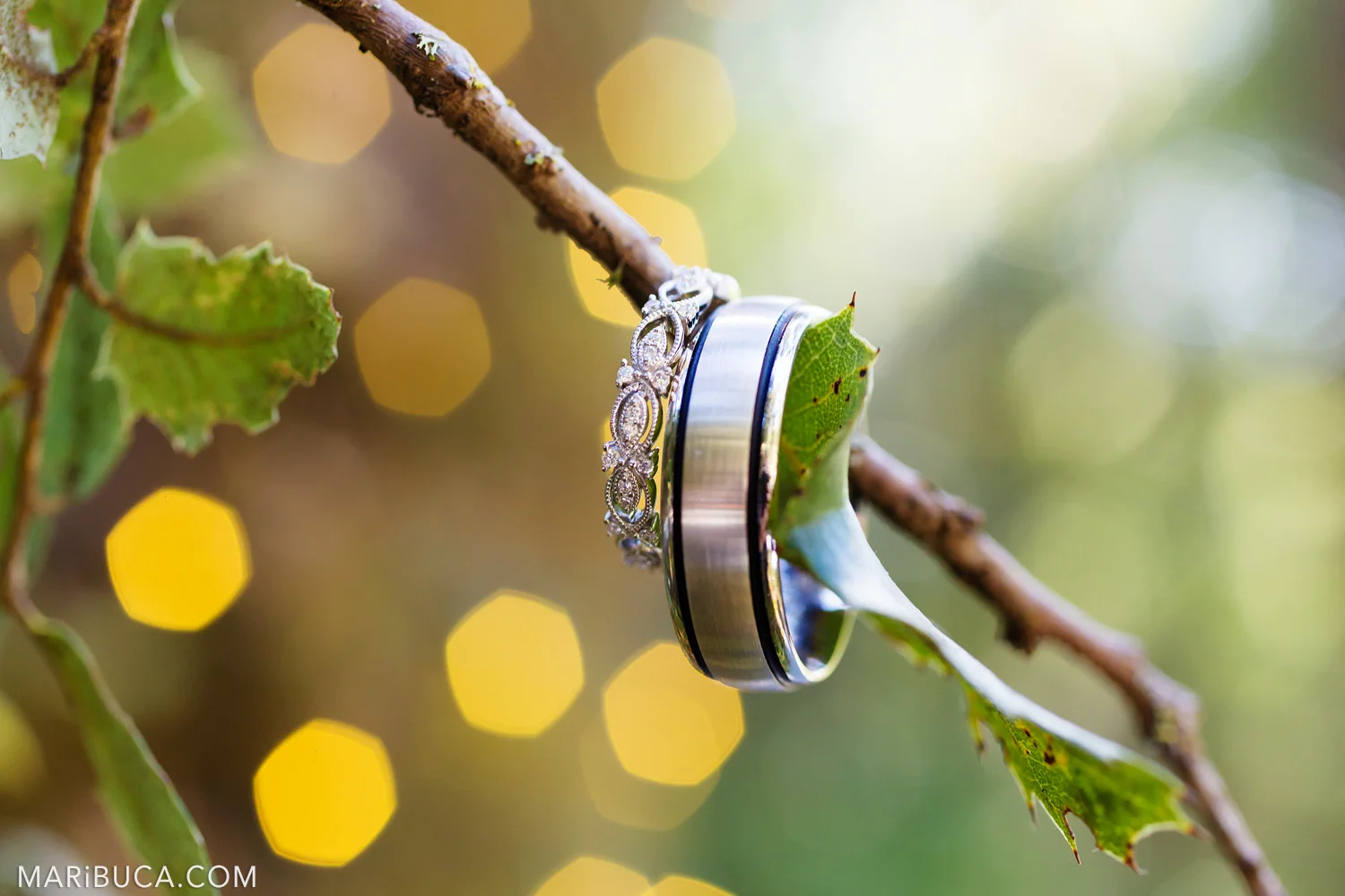 Adorable yellow lights in the Saratoga Springs Venue and example of the wedding rings
