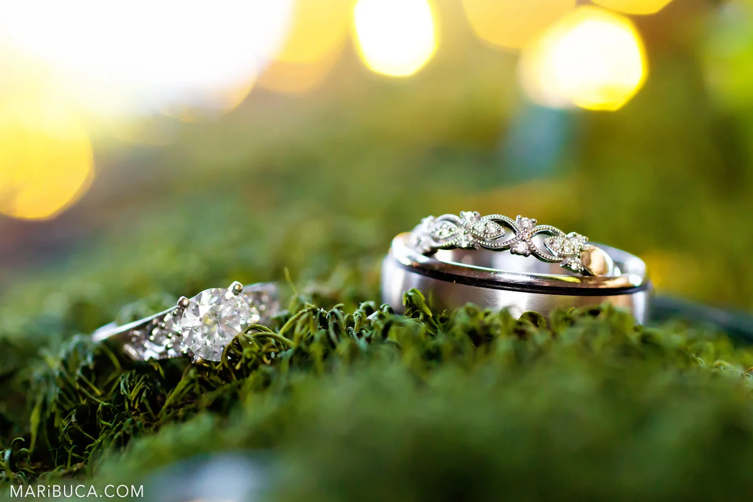 Wedding rings lies in the green tree surrounded yellow lights in the Saratoga Springs Wedding