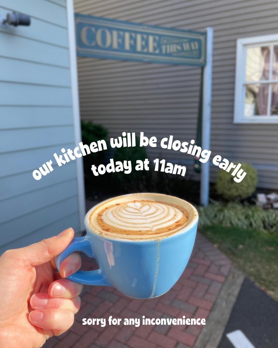 sorry for any inconvenience, but our kitchen will be closing early today at 11am.

but have no fear&mdash;baked goods are still here all day! that includes scones, muffins, and cookies. and our fabulous coffees and beverages, too.

we return to regul