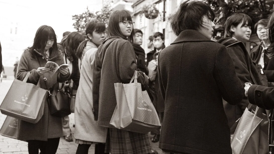 Chinese students shop at castle - sepia.jpg