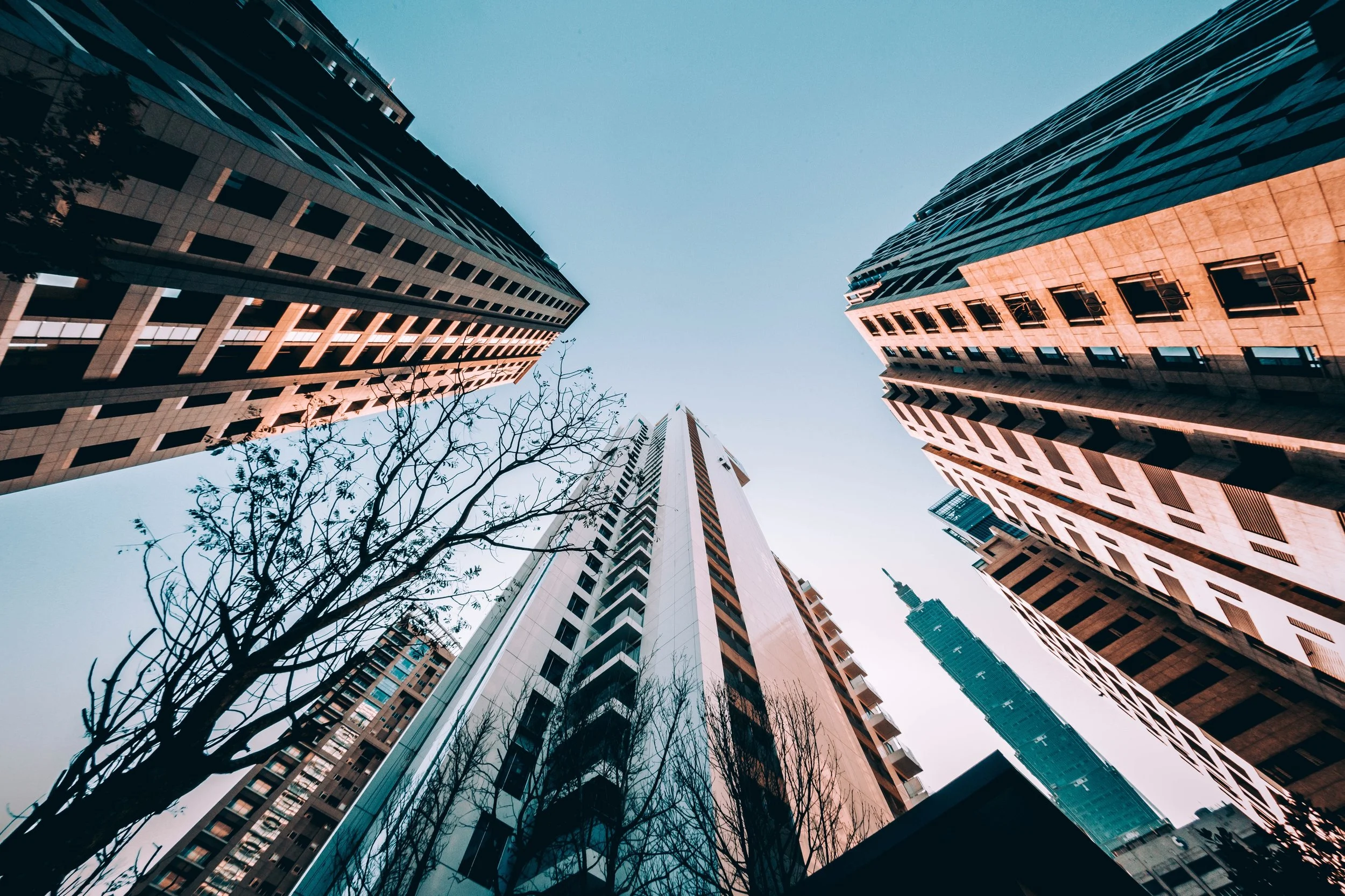 Looking Up at Clean Buildings and a Clear Blue Sky.jpg