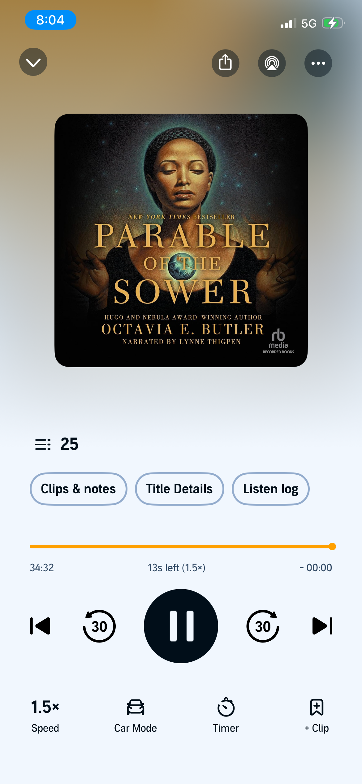 A screenshot of the audiobook Parable of the Sower by Octavia E. Butler in the Audible app.